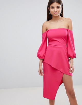 Asos Design ASOS Bardot Midi Dress With Tiered Wrap Skirt