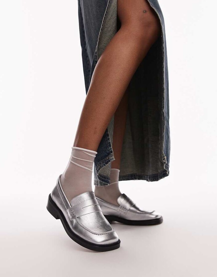 Topshop Cole premium leather square toe loafers in silver