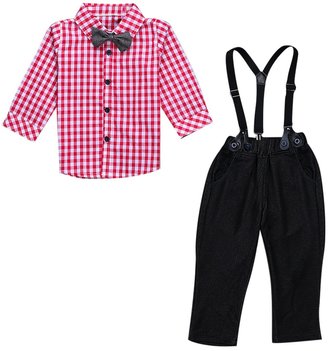 Lestore Boys Gentleman Long Sleeve Plaid Shirt & Denim Overalls 2pcs Suit Sets