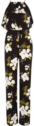 River Island Womens Black floral frill wide leg jumpsuit