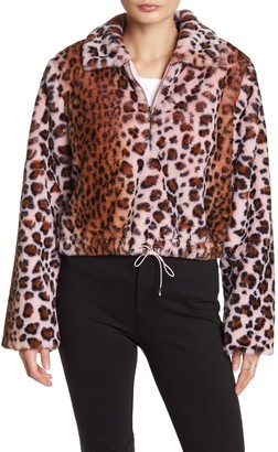 KENDALL + KYLIE Leopard Print Cropped Faux Fur Jacket