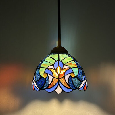 Fleur De Lis Living Simonson Tiffany Mini Hanging Lights Green Blue Stained Glass LED Bulb Included 8\