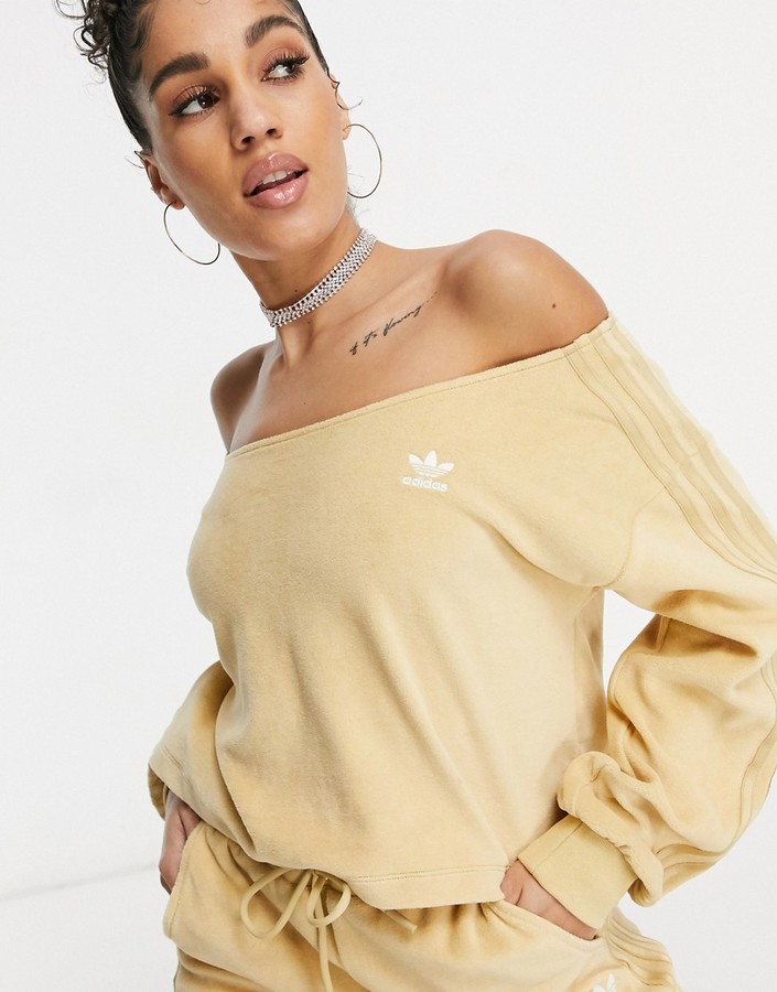 adidas 'Relaxed Risqué' velour off the shoulder sweatshirt in beige -  ShopStyle