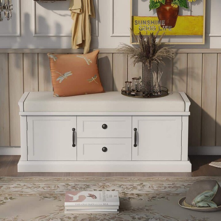 Entryway White Storage Bench with 2-Drawers and 2-Cabinets 17.5 in. H x 42.9 in. W x 15.9 in. D