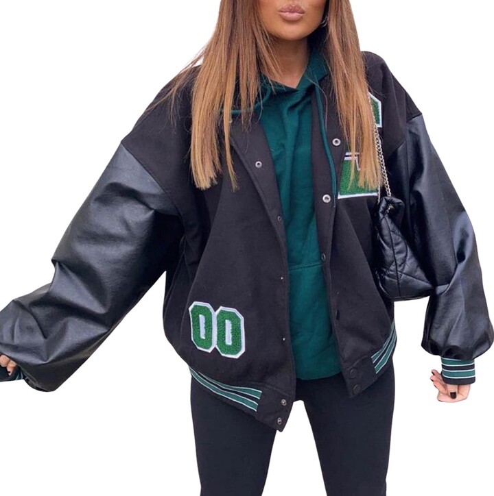 TransitYou Women Y2k Zip Up Oversized Baseball Jacket Letter Print