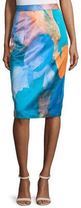 Milly Watercolor-Print Midi Skirt, Teal