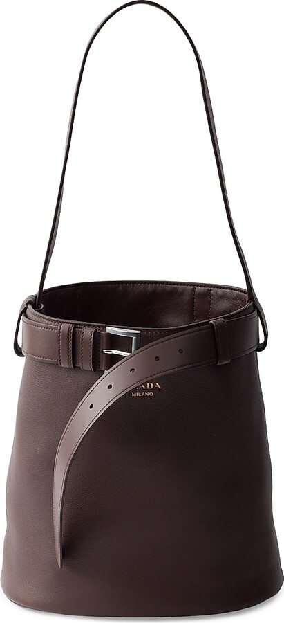 Prada Women's Buckle Leather Bucket Bag with Belt - Brown