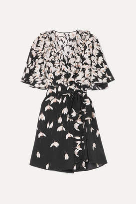 Valentino Ruffled Floral-print Silk Crepe De Chine Mini Wrap Dress - Black
