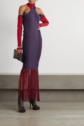 Bottega Veneta Cutout Fringed Ribbed Stretch-knit Dress - Purple