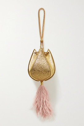 THE VOLON Cindy Mini Feather-trimmed Metallic Textured-leather Clutch - Gold