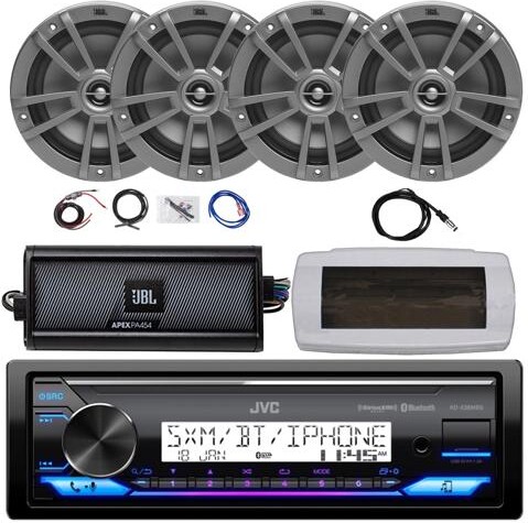 JVC KD-X38MBS Single-DIN Marine Bluetooth USB/AUX LED AM/FM SiriusXM Ready Stereo Receiver W/White Cover, 4x 6.5' 180W Max Power 2-Way Boat Gray...