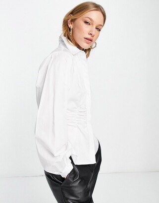 Selected cotton shirt with gathered waist in white - WHITE