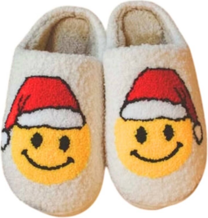 Katydid Unisex Santa Christmas Happy Face Slippers In White