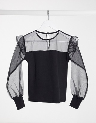 Influence blouse with organza frill sleeves in black