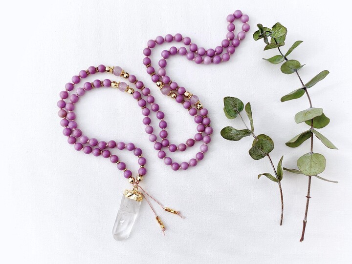 Phosphosiderite Amethyst Mala Necklace - Heart Chakra Prayer Beads