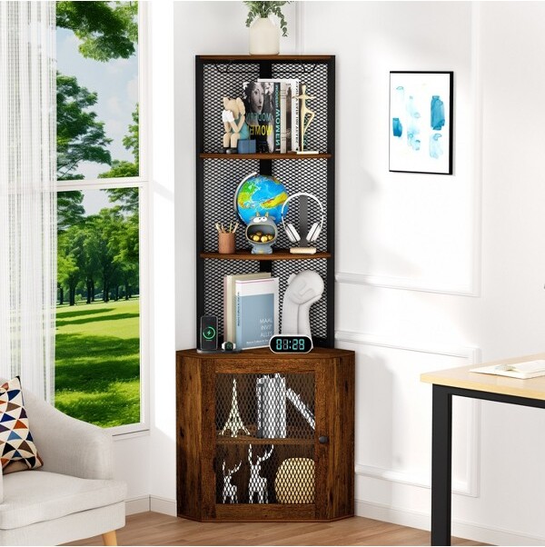 KTMBDWWineRackwithGlassHolderandStorageShelvesCornerBarCornerWineCabinet6TierBookshelfDisplayCornerShelvesforLivingRoomBrown