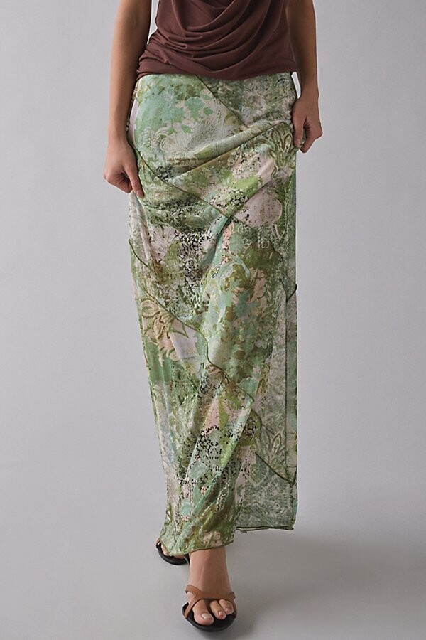 Urban Outfitters Clara Spliced Mesh Low-Rise Column Maxi Skirt in Green