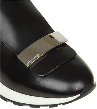 Sergio Rossi Sneakers In Black Leather And Fabric With Silver Metal Plate
