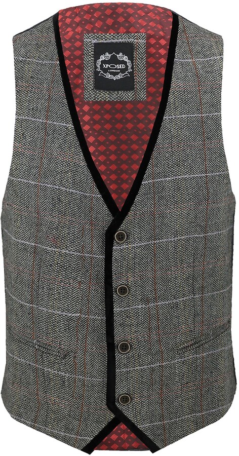 Mens Tweed Check Waistcoats Oak Brown Grey 1920s Retro Herringbone Smart Tailored Fit Vests