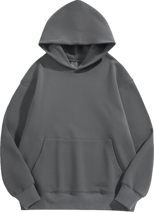 JEsilunmaMY Women's Fleece Cotton Pullover Hoodies Drop Shoulder Athletic Hooded Sweatshirt Solid Color Casual Sweatshirts (Dark Grey