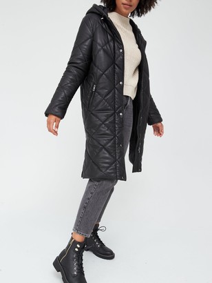 Very Faux Leather Diamond Quilt Padded Coat Black