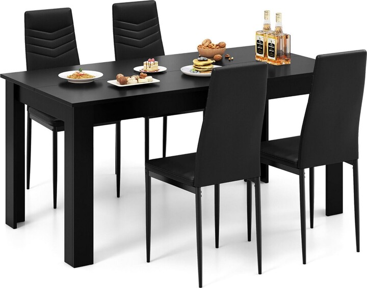 Gymax Modern Rectangular Kitchen Table Set w/ 4 Pvc Leather Dining Chairs Black