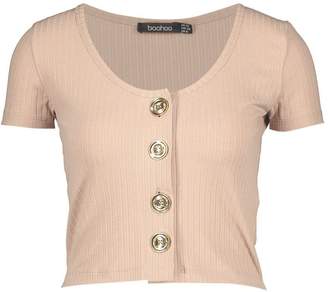 boohoo Gold Button Ribbed Knit Top