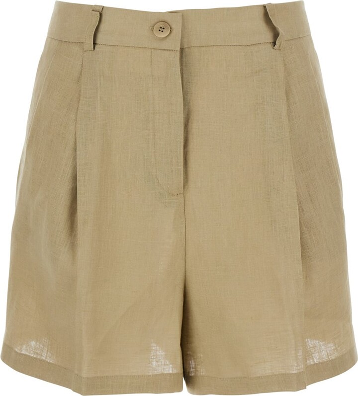 Beige Shorts With Belt Loops And Button Closure In Linen Woman