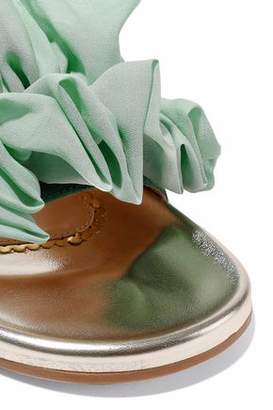 Charlotte Olympia Naia Ruffled Organza-appliqued Suede And Metallic Leather Slides