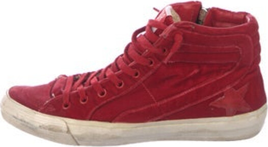 Golden Goose Velvet High Top Sneakers Red Round-Toes with Distressed Accents Exposed Zip Closure at Sides Designer