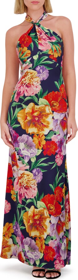 Floral-Print Twist-Top Halter Gown