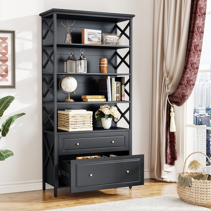 BLUEBELL Tall Narrow Bookshelf with 2 Drawers 5 Tier Bookcase Book
