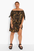 Thumbnail for your product : boohoo Plus Palm Print Off Shoulder Shift Dress