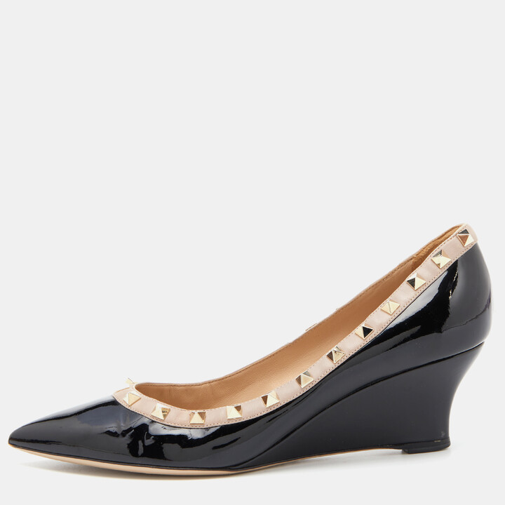 Valentino Black/Pink Patent Leather Rockstud Pointed Toe Wedge