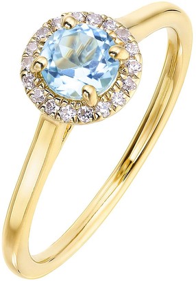 Love Gem 9Ct Yellow Gold 5Mm Round Swiss Blue Topaz And 0.08Ct Diamond Birthstone Halo Ring