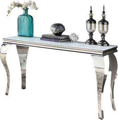 Latitude Run Contemporary Coffee Table With White Beveled Glass Top And Silver Stainless Steel -Style Legs Tempered Legs, Modern Elegance