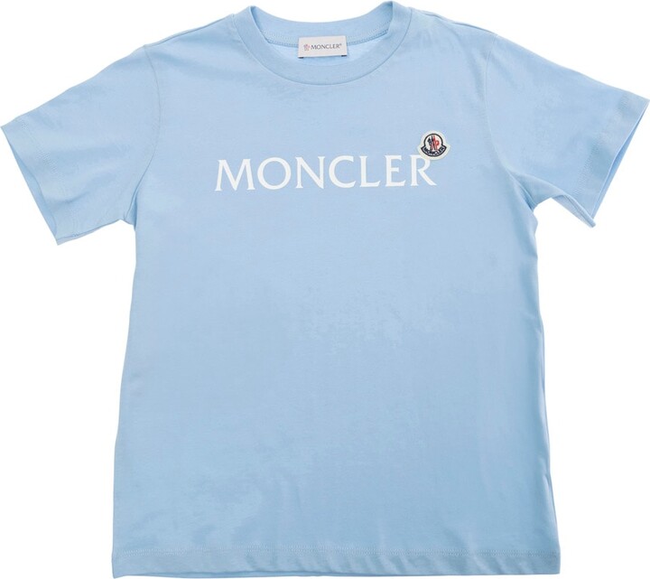 Moncler Light Blue T-shirt With Logo Lettering And Patch On The Front In Cotton Boy