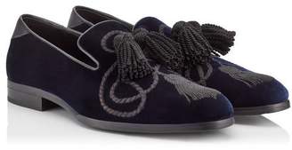 Jimmy Choo FOXLEY Navy Velvet Tasselled Slippers with Rope Embroidery