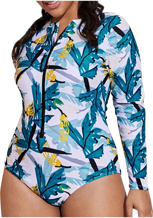 JUNGE Plus Size Swimsuit with Printed Long Sleeve One Piece Zipper and
