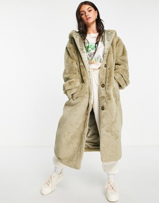 ASOS DESIGN hooded faux fur maxi coat in sage