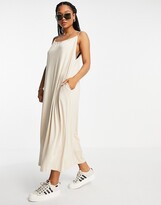 Thumbnail for your product : ASOS DESIGN gathered neck strappy midi sundress with pockets in stone