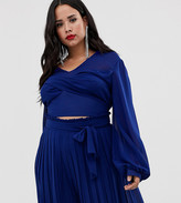 Thumbnail for your product : TFNC Plus knot front long sleeve wrap co-ord crop top in cobalt