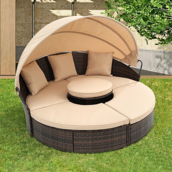 RASOO Modern Outdoor Rattan Round Bed Lounge with Canopy Bali Canopy