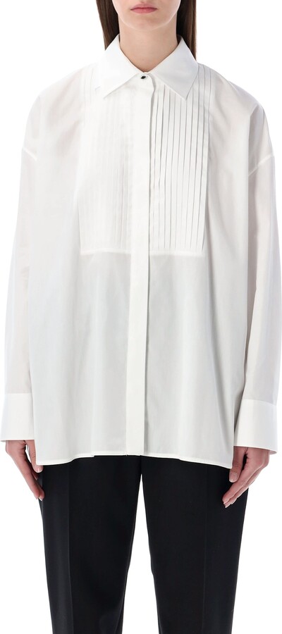 Golden Goose Oversized White Cotton Shirt With Pleated Bib And Jewel Buttons