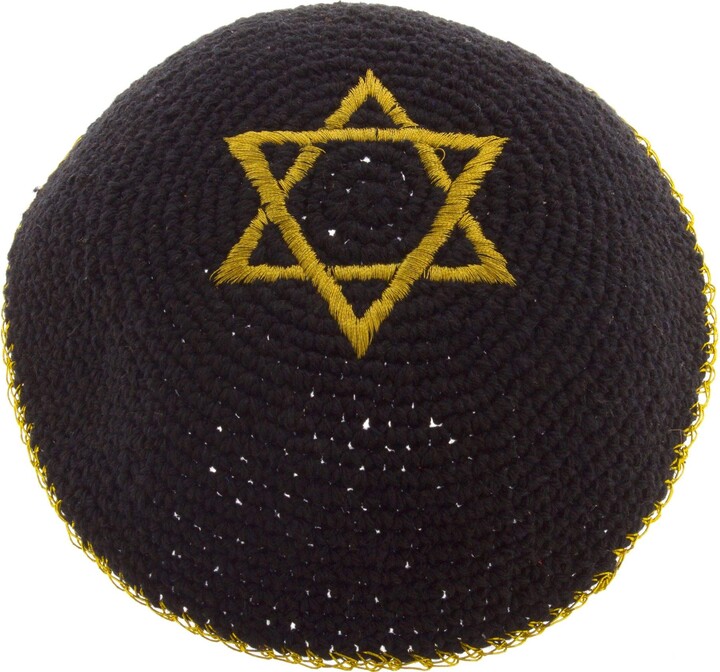Rimmon Judaica Knitted Black Cotton Kippah with Gold Star of David and