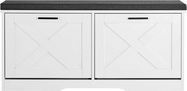 KFFKFF Entryway Shoe Storage Bench, 39.4 x 12.0 x 18.7 Inch Organizer with Flip Drawers, 440lbs Capacity Shoe Rack Bench with Cushion & Flip Doors, for Hallway, Living Room, Bedroom, Black and White