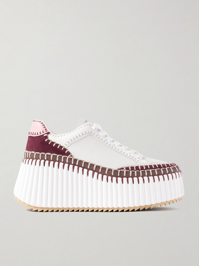 Chloé Nama Embroidered Suede-trimmed Leather Platform Sneakers - Burgundy
