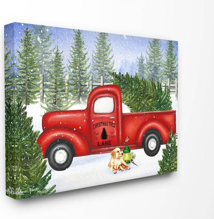 30 in. x 40 in. "Holiday Christmas Tree Lane Red Pickup Truck with Dog and Lantern" by Artist Sheri Hart Canvas Wall Art