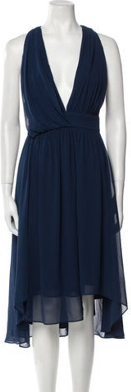 Haute Hippie A-Line Dress Blue Ruffle Embellishment Sleeveless with Plunge Neckline Concealed Zip Closure at Back Designer