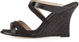 Thumbnail for your product : Manolo Blahnik Varchi Patent Leather and Linen Crisscross Wedge Sandal, Black